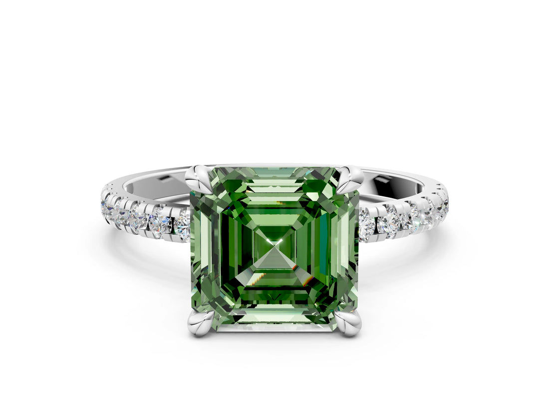 Platinum Fancy Green Asscher Cut Diamond Brilliant Solitaire Ring with Pavé Band and Four-Prong Setting_29