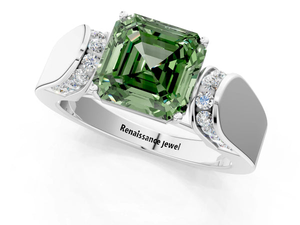 Platinum Asscher Cut Channel Set Engagement Ring Setting for Fancy Green Center with Wide Band