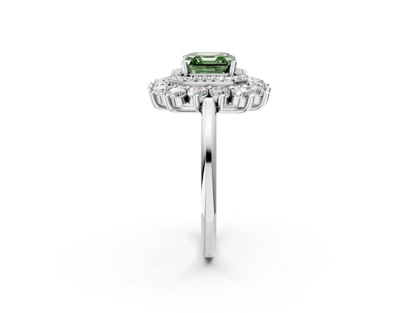 Platinum Asscher Cut Floral Double Halo Engagement Ring Setting for Fancy Green Center