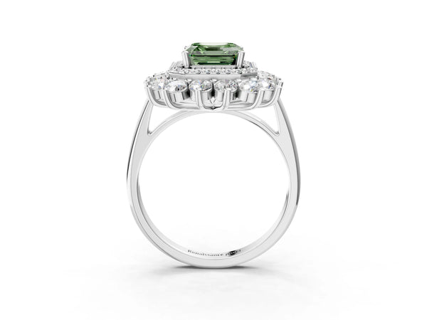 Platinum Asscher Cut Floral Double Halo Engagement Ring Setting for Fancy Green Center