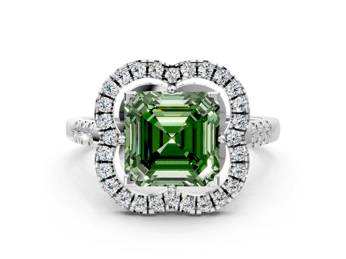 Platinum Fancy Green Asscher Cut Diamond Floral Halo Split Shank Prong Setting Ring_36