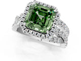 Platinum Fancy Green Asscher Cut Diamond Halo Ring with Round Split Shank and Prong Setting_1