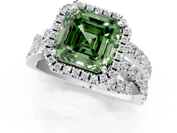 Platinum Asscher Cut Halo Twist Engagement Ring Setting for Fancy Green Center