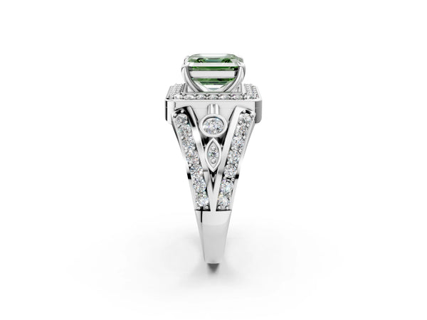 Platinum Asscher Cut Hidden Halo Split Shank Engagement Ring Setting for Fancy Green Center