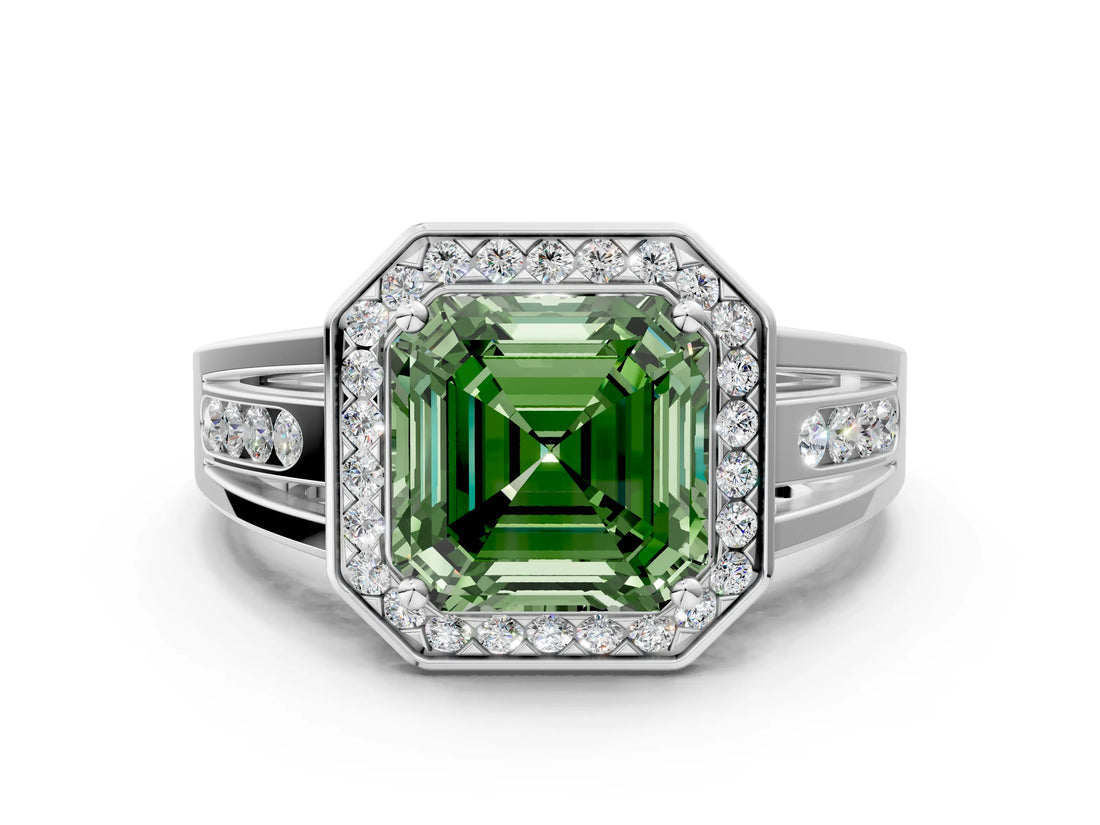 Platinum Fancy Green Asscher Cut Diamond Halo Ring with Split Shank and Bezel Accents and Prong Setting_12