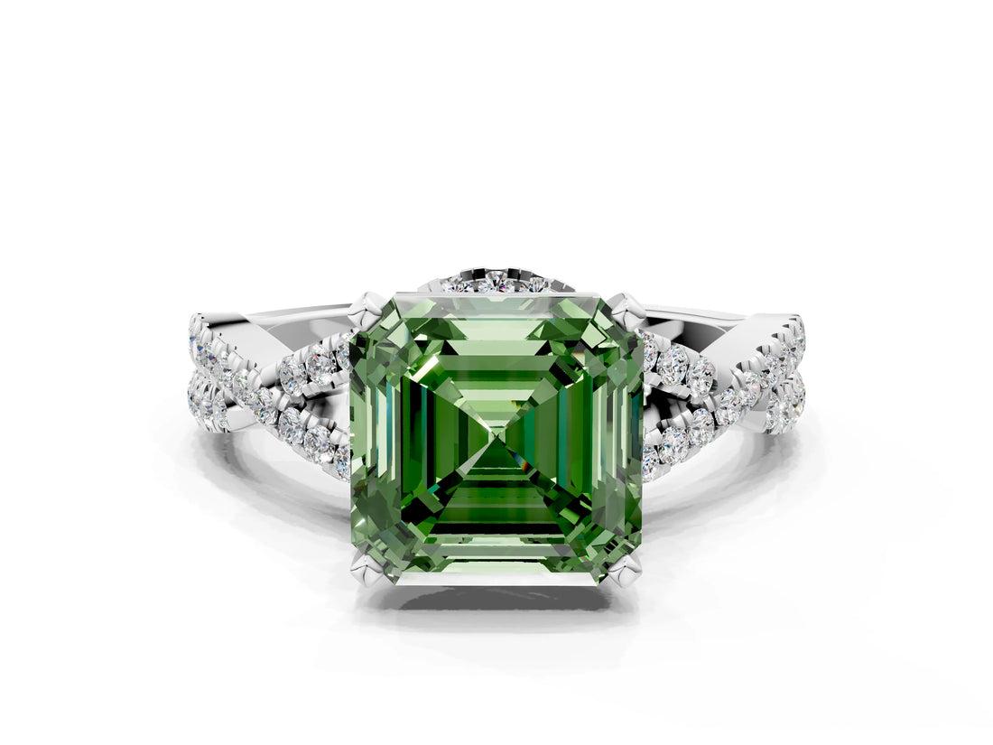 Platinum Fancy Green Asscher Cut Diamond  Halo Twist Band Solitaire Prong Setting Ring_12