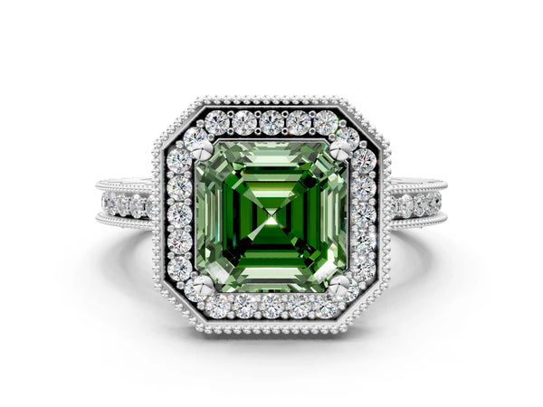 Platinum Asscher Cut Milgrain Hidden Halo Engagement Ring Setting for Fancy Green Center