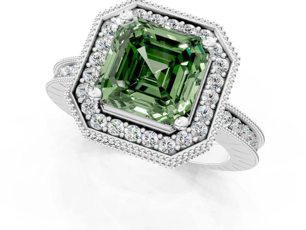 Platinum Asscher Cut Milgrain Hidden Halo Engagement Ring Setting for Fancy Green Center