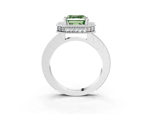 Platinum Asscher Cut Milgrain Hidden Halo Engagement Ring Setting for Fancy Green Center