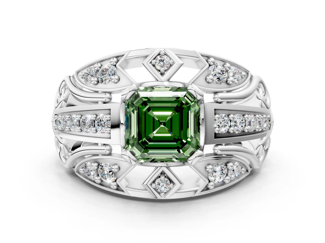 Platinum Fancy Green Asscher Cut Diamond Pave Art Deco Split Shank Ring with Four-Prong Setting_12