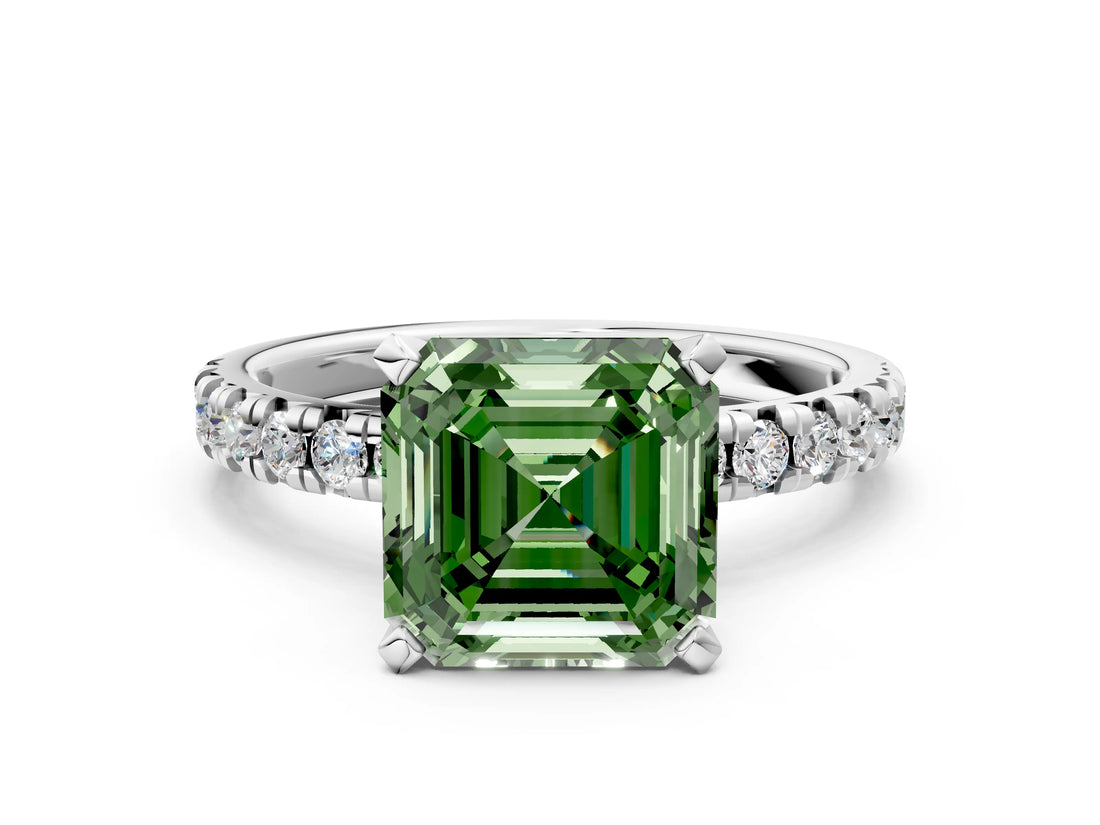 Platinum Fancy Green Asscher Cut Diamond Solitaire Pavé Engagement Ring with Round Band and Prong Setting