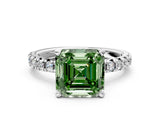 Platinum Fancy Green Asscher Cut Diamond Solitaire Pavé Engagement Ring with Round Band and Prong Setting