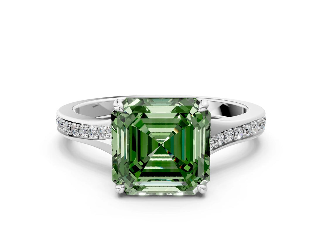 Platinum Fancy Green Asscher Cut Diamond Solitaire Ring with Pavé Band and Prong Setting_12