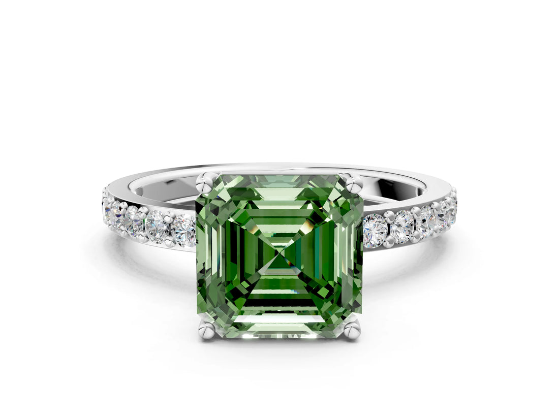 Platinum Fancy Green Asscher  Cut Diamond Solitaire with Pave Band and Four-Prong Setting 1