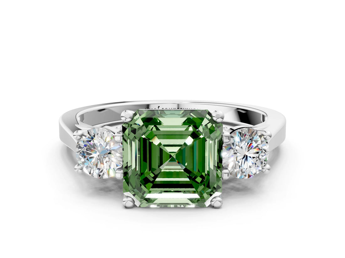 Platinum Fancy Green Asscher Cut Diamond Three-Stone Engagement Ring with Prong Setting and Pavé Band_12
