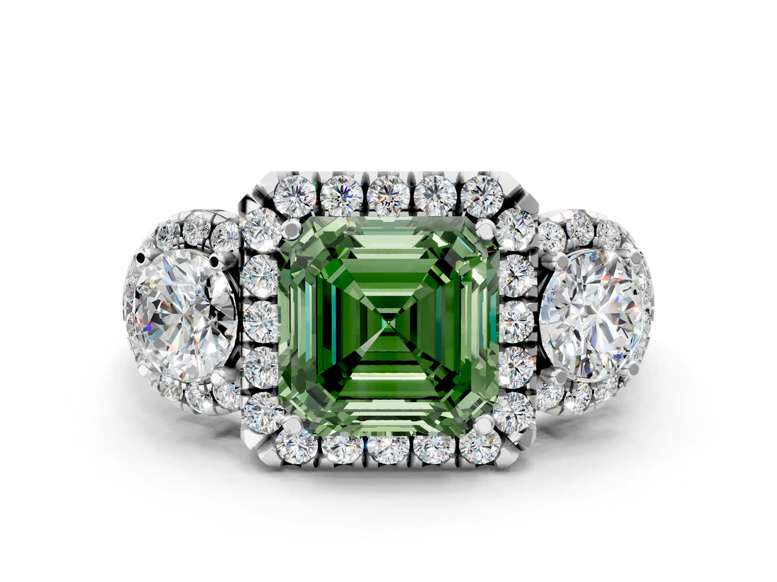 Platinum Fancy Green Asscher Cut Diamond Three-Stone Halo Ring with Prong Setting and Pavé Accents_12