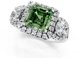 Platinum Fancy Green Asscher Cut Diamond Three-Stone Halo Ring with Prong Setting and Pavé Accents_13