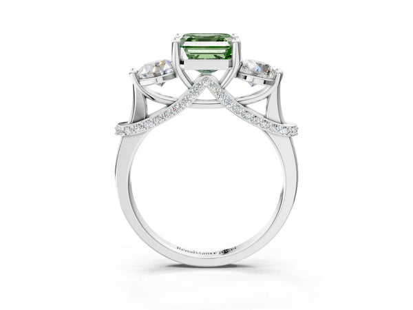Platinum Asscher Cut Curved Pave Three Stone Engagement Ring Setting for Fancy Green Center
