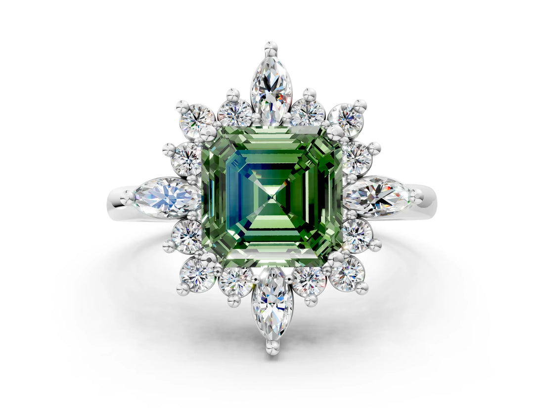 Platinum Fancy Green Asscher Cut Halo Diamond Cluster Ring with Marquise and Round Stones on a White Gold Band with Prong Setting
