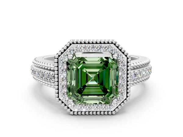 Platinum Asscher Cut Beaded Halo Engagement Ring Setting for Fancy Green Center with Pave