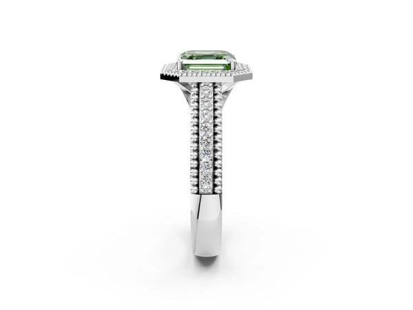 Platinum Asscher Cut Beaded Halo Engagement Ring Setting for Fancy Green Center with Pave