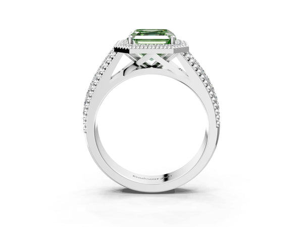 Platinum Asscher Cut Beaded Halo Engagement Ring Setting for Fancy Green Center with Pave