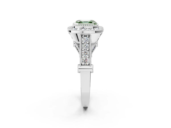 Platinum Asscher Cut Vintage Bezel Halo Engagement Ring Setting for Fancy Green Center