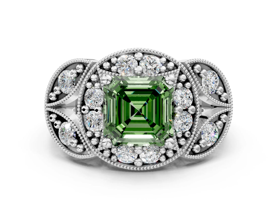 Platinum Fancy Green Asscher Cut Halo Milgrain Diamond Engagement Ring with Leaf Band and Four-Prong Setting_12