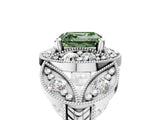 Platinum Fancy Green Asscher Cut Halo Milgrain Diamond Engagement Ring with Leaf Band and Four-Prong Setting_17