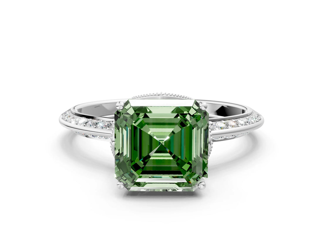 Platinum Fancy Green Asscher Cut Solitaire Split Shank Pave Diamond Engagement Ring with Four-Prong Setting_6