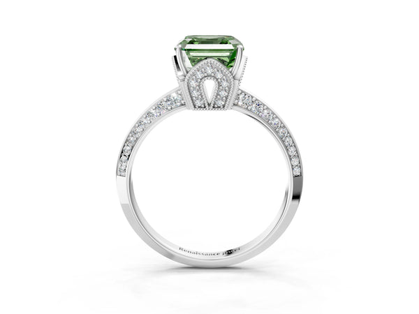 Platinum Asscher Cut Graduated Pave Engagement Ring Setting for Fancy Green Center