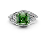 Platinum Fancy Green Asscher  Diamond Halo Ring with Marquise and Pavé Band in Prong Setting_54