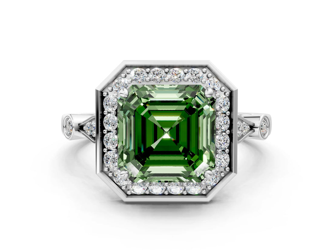 Platinum Fancy Green Asscher  Halo Diamond Engagement Ring with Twisted Band and Four-Prong Setting