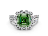 Platinum Fancy Green Asscher  Halo Diamond Floral Split Shank Engagement Ring