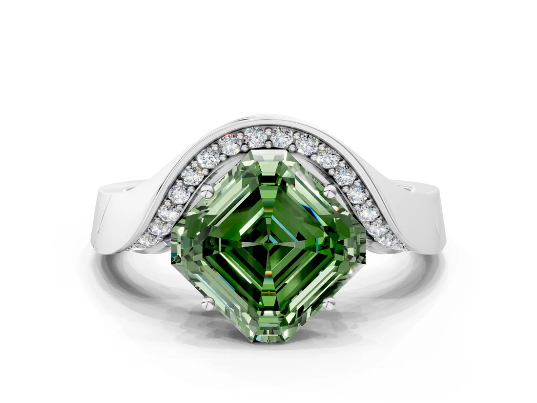 Platinum Fancy Green Asscher  Solitaire Diamond Engagement Ring with Pave Band and Four-Prong Setting 1