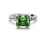 Platinum Fancy Green Asscher  Solitaire Diamond Engagement Ring with XO Engraved Band and Four-Prong Setting