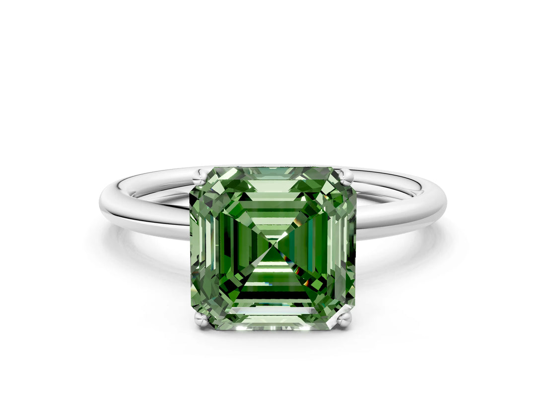 Platinum Fancy Green Asscher  Solitaire Diamond Ring with a Classic Band and Four-Prong Setting
