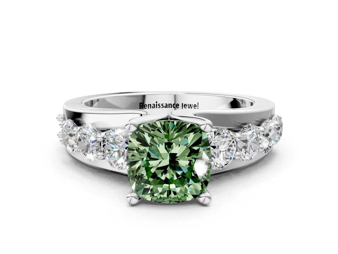 Platinum Fancy Green Cushion  Brilliant Solitaire with Side Stones on a Pave Band and Four-Prong Setting_12