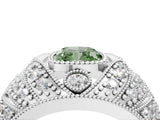 Platinum Fancy Green Cushion Cut Brilliant Halo Pave Diamond Milgrain Ring_10