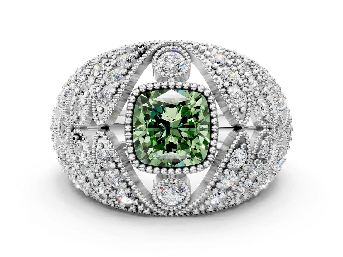 Platinum Fancy Green Cushion Cut Brilliant Halo Pave Diamond Milgrain Ring_6