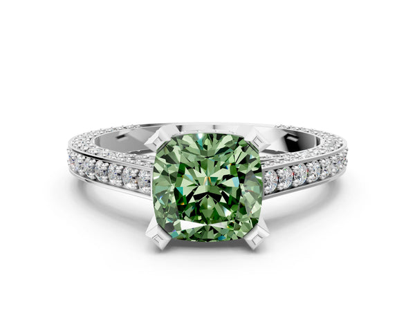 Platinum Fancy Green Cushion Cut Brilliant Split Shank Pave Solitaire Ring with Four-Prong Setting