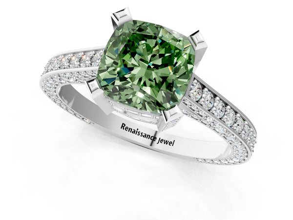 Platinum Fancy Green Cushion Cut Brilliant Split Shank Pave Solitaire Ring with Four-Prong Setting