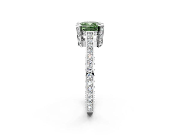 Platinum Fancy Green Cushion Cut Brilliant Split Shank Pave Solitaire Ring with Four-Prong Setting