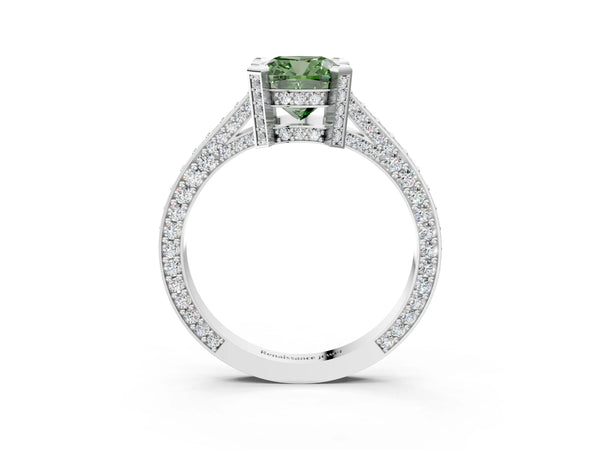 Platinum Fancy Green Cushion Cut Brilliant Split Shank Pave Solitaire Ring with Four-Prong Setting