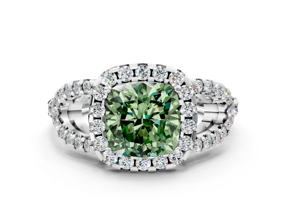 Platinum Fancy Green Cushion Cut Cut Diamond Halo Engagement Ring with Open Split Pavé Band_6