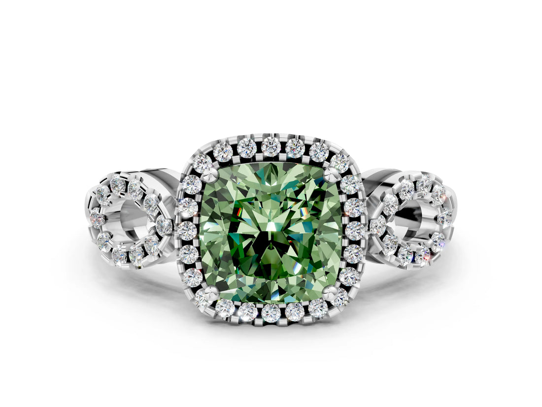 Platinum Fancy Green Cushion Cut Cut Halo Diamond Infinity Band with Four-Prong Setting_12