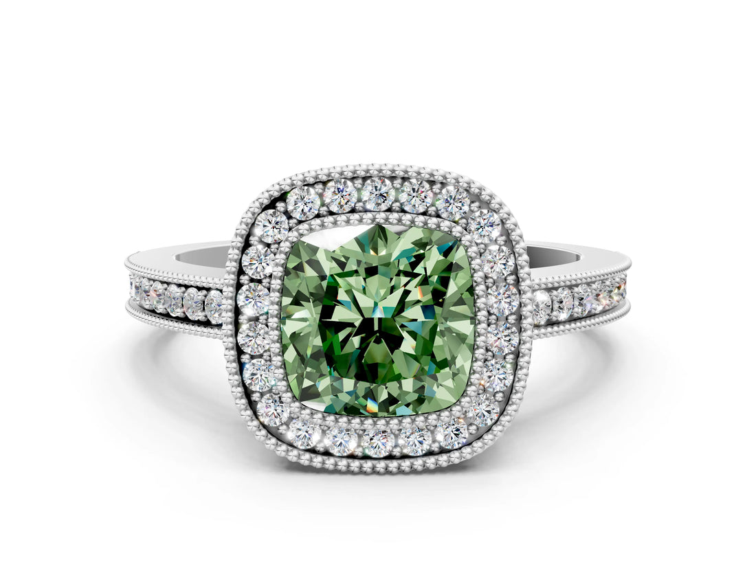 Platinum Fancy Green Cushion Cut Cut Halo Pavé Diamond Ring_6