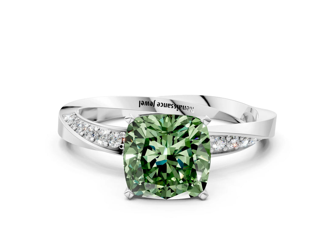 Platinum Fancy Green Cushion Cut Diamond Engagement Ring with Side Stone Accents and Four-Prong Setting_12