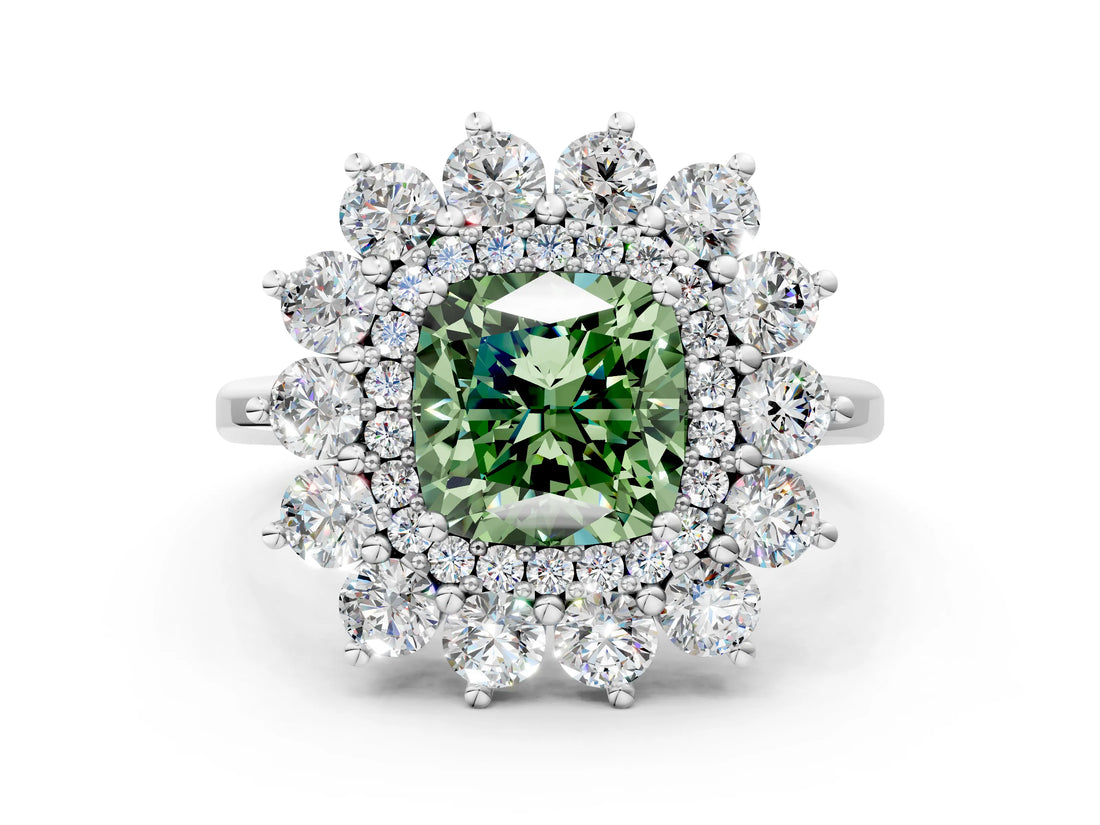 Platinum Fancy Green Cushion Cut Diamond Floral Double Halo Engagement Ring with Prong Setting_30