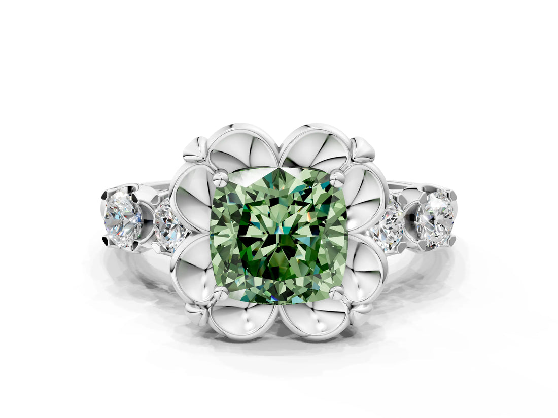 Platinum Fancy Green Cushion  Cut Diamond Floral Halo Engagement Ring with Shared Prong Setting 1